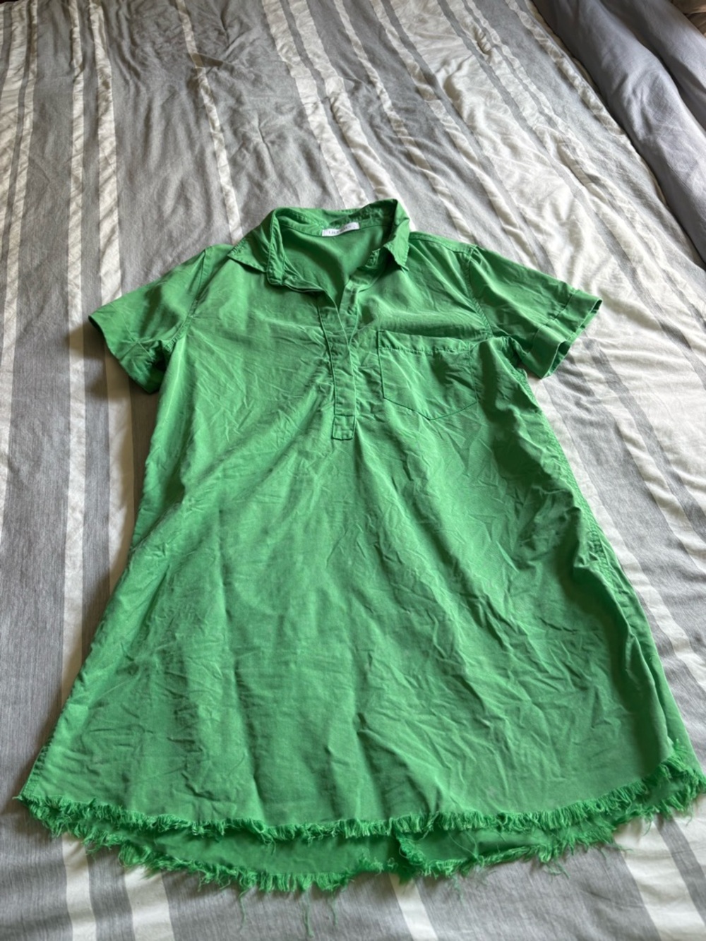 Green Polo Shirt Dress with Frayed Hem
